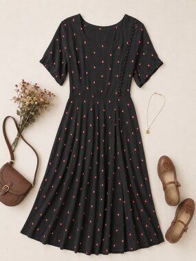 Vintage Black Red Polka Dot Midi Dress Cottagecore Prairie Button Detail